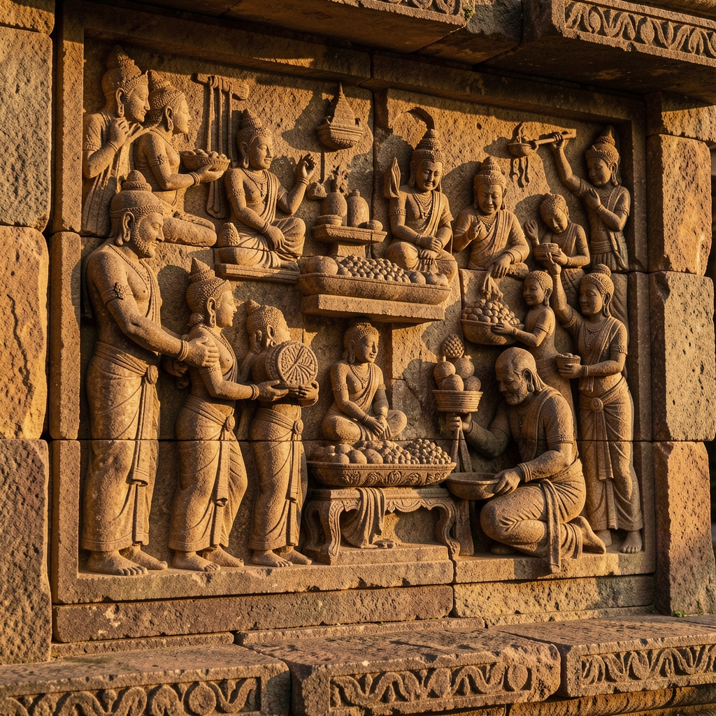 Ancient stone relief carvings at a Javanese Hindu temple depicting scenes of daily life, food offerings and ritual practices, bathed in late afternoon golden sunlight with deep shadows