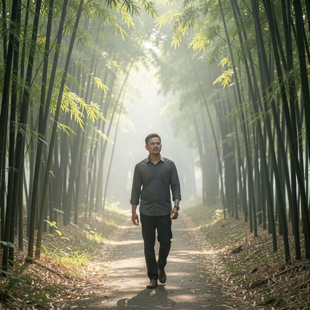 Indonesian man in his thirties walking along a quiet path through a lush bamboo grove in early morning, dappled light and mist creating a calm, unhurried atmosphere