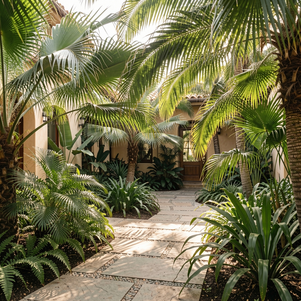 Calm Indonesian courtyard with tropical plants, stone pathways, and soft natural light filtering through large palm leaves, creating a tranquil atmosphere of reflection