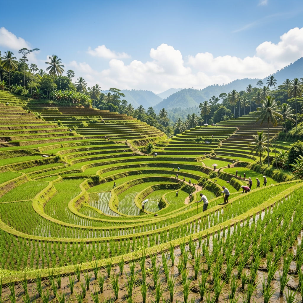 Wide view of a traditional Javanese rice terrace at midday with layered green paddies descending into a valley, farmers working in the distance under a bright tropical sky