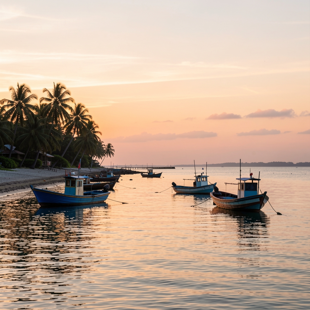 Quiet Indonesian coastal scene at dawn with small fishing boats on calm water, silhouetted palm trees and soft orange and pink hues on the horizon, evoking stillness