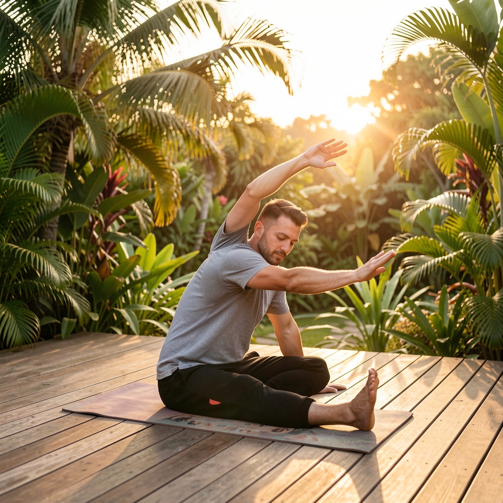 Man doing gentle morning stretching exercises outdoors on a wooden deck surrounded by lush tropical garden, soft sunrise light in the background